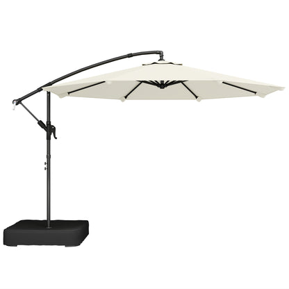 3 m Garden Cantilever Parasol with Cross Base, Sandbag, 360° Rotating Overhanging Banana Umbrella, Cream White