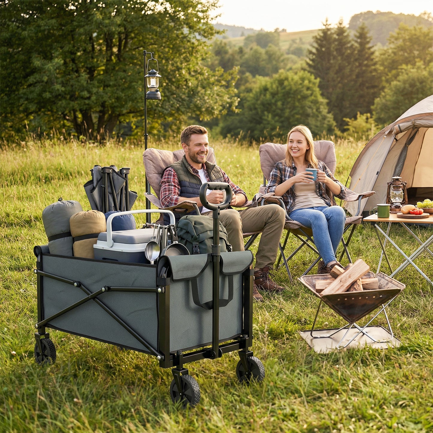 81L Festival Trolley on Wheels, Compact Garden Folding Trolley Cart with Adjustable Handle 80L, Grey
