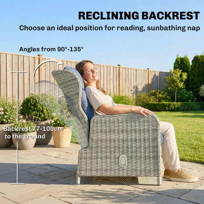 5 Piece Garden Furniture Set, Rattan Reclining Garden Chair Set of 2 with Footstool and Cushion for Balcony, Dark Blue