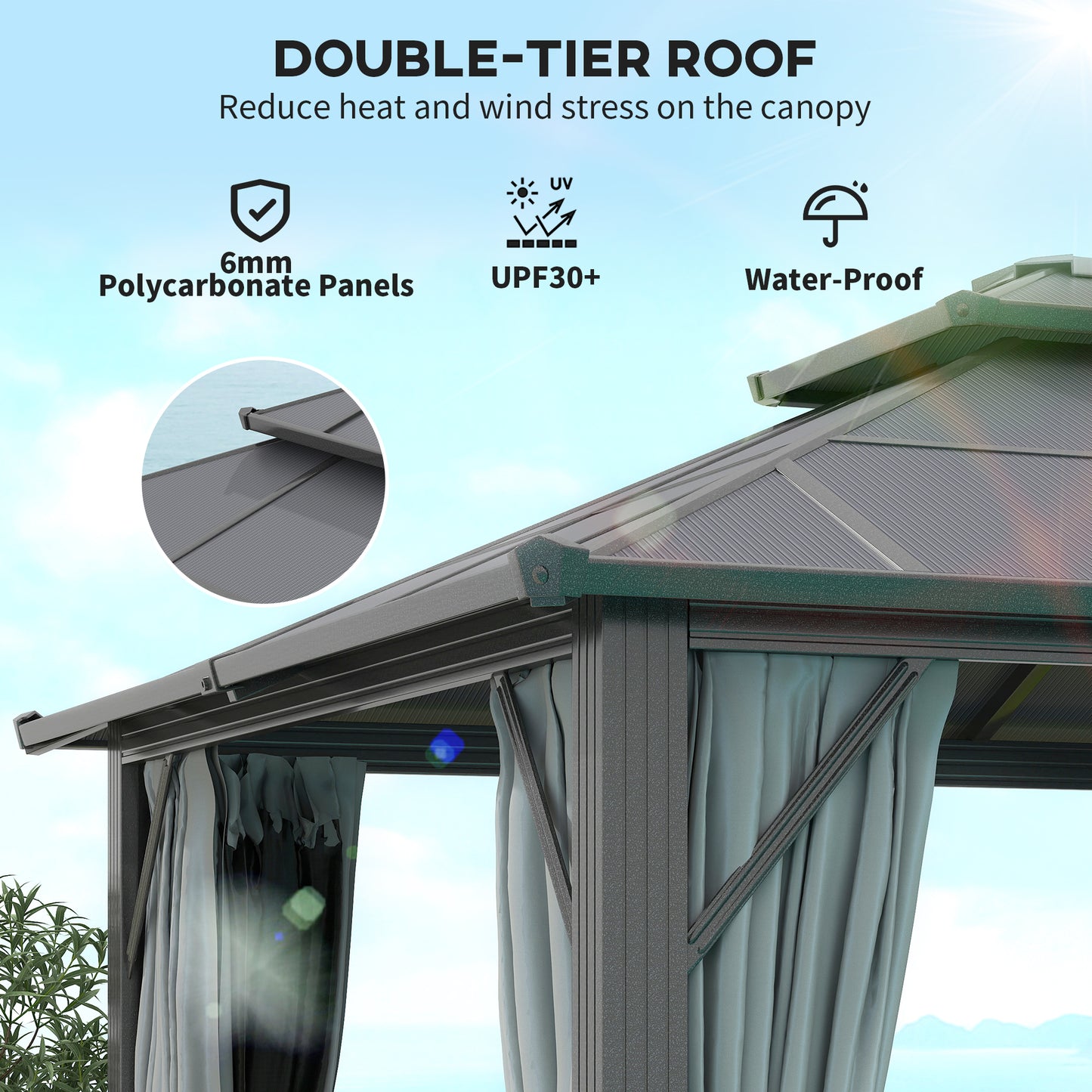 3 x 4m Hardtop Gazebo Canopy with UPF30+ Double Polycarbonate Roof, Aluminium Frame Garden Gazebo Permanent Pavilion