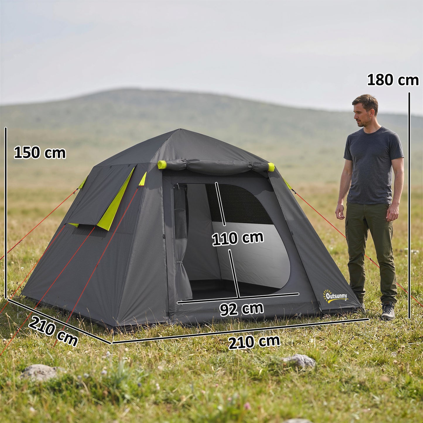 Camping Tent 3000mm Waterproof Tent with 2 Doors for 2 Person, Grey & Green