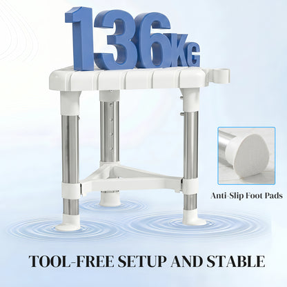 Shower Stool, Aluminium Alloy Corner Shower Chair with Storage Shelf and HDPE Seat, Adjustable Height, White
