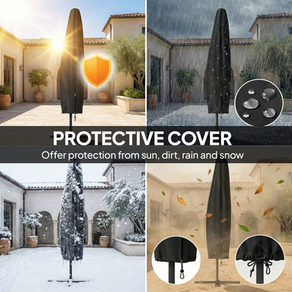 3 m Garden Cantilever Parasol with LED Solar Light, Round Overhanging Umbrella with 360° Rotation, Cover, Grey