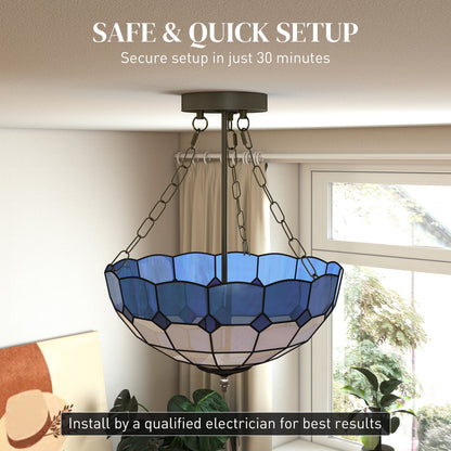 Tiffany Style Ceiling Light, Vintage Chandelier with 3 E27 Sockets, Semi Flush Mount for Living Room, Bulbs Not Included