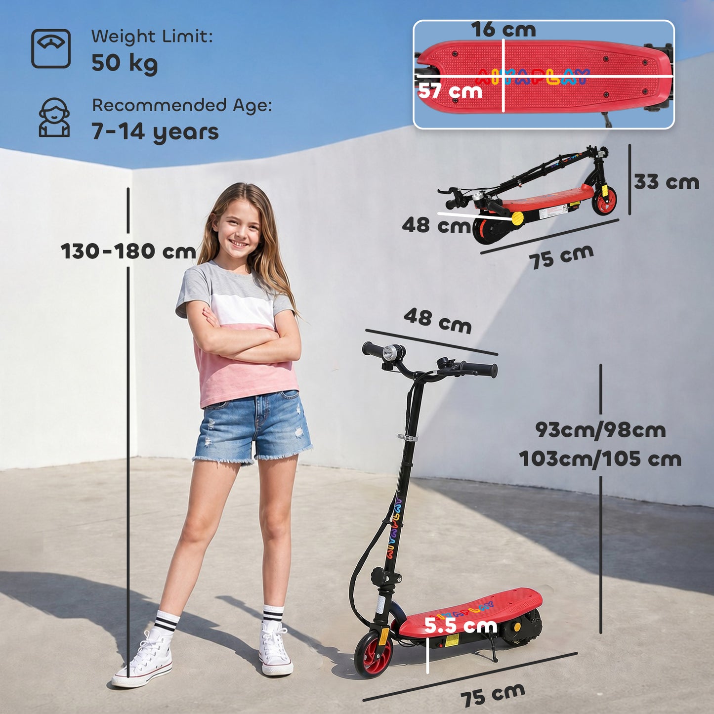 Foldable Electric Scooter, with LED Lights, for Ages 7-14 Years, Red