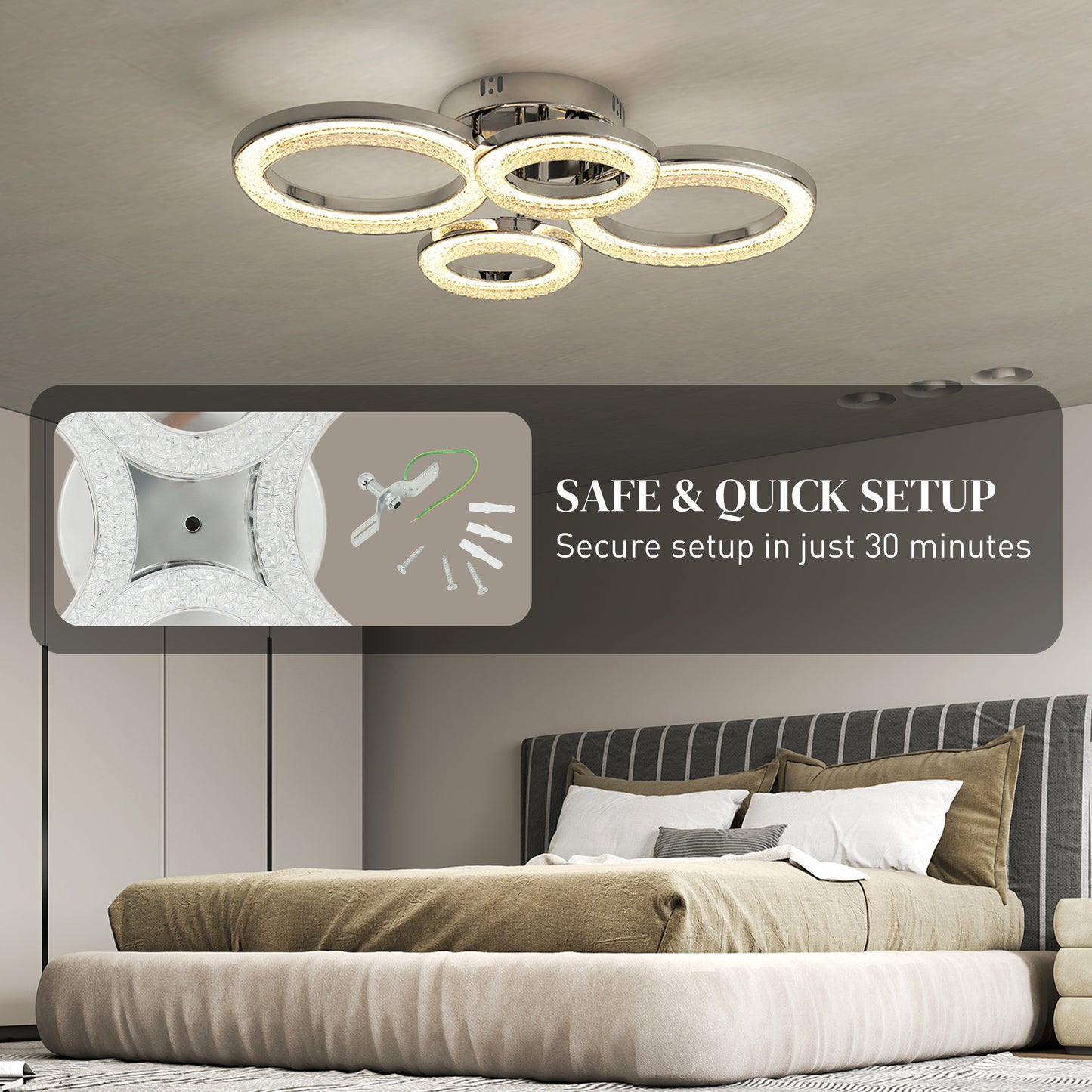 4-Ring LED Ceiling Light, Flush Mount Ceiling Light with 3 Colour Temperatures, Silver Tone