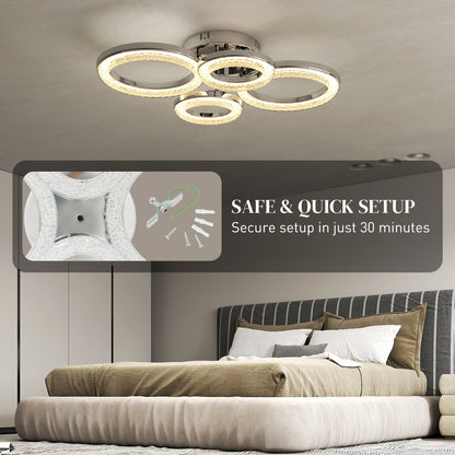 4-Ring LED Ceiling Light, Flush Mount Ceiling Light with 3 Colour Temperatures, Silver Tone