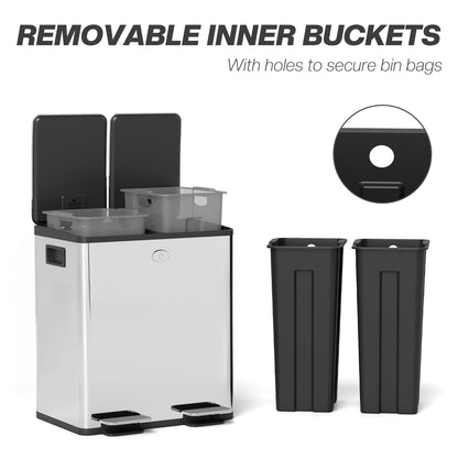 40L Dual Compartment Stainless Steel Bin, with Deodoriser Holders - Silver Tone