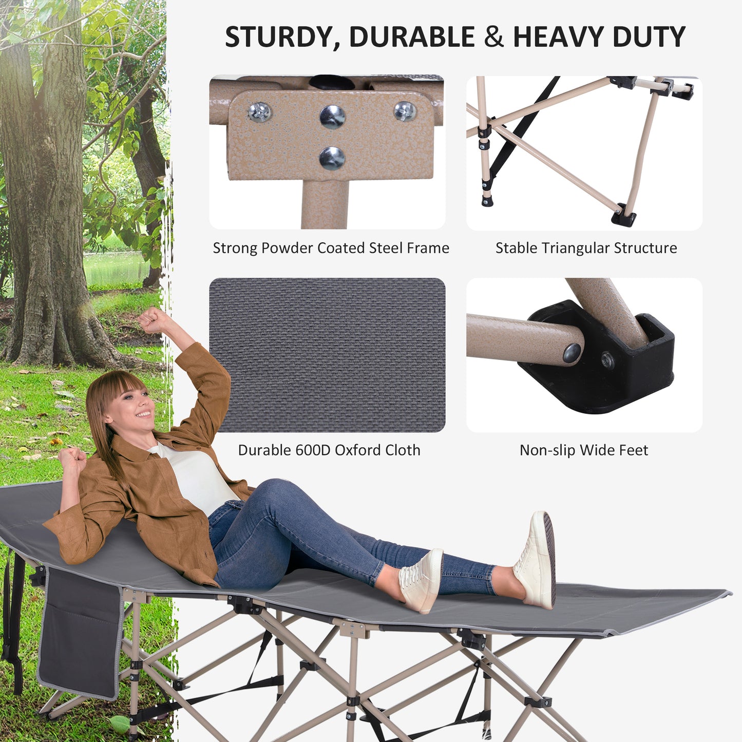 Single Steel Frame Portable Camping Cot, with Carry Bag - Grey