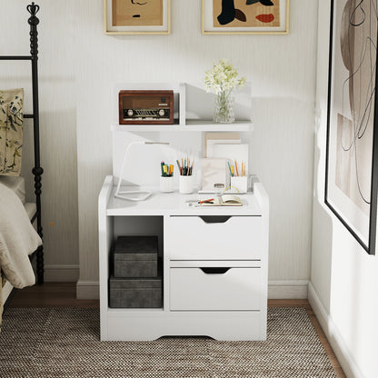 Bedside Table with 2 Drawers and Open Shelves - High Gloss White