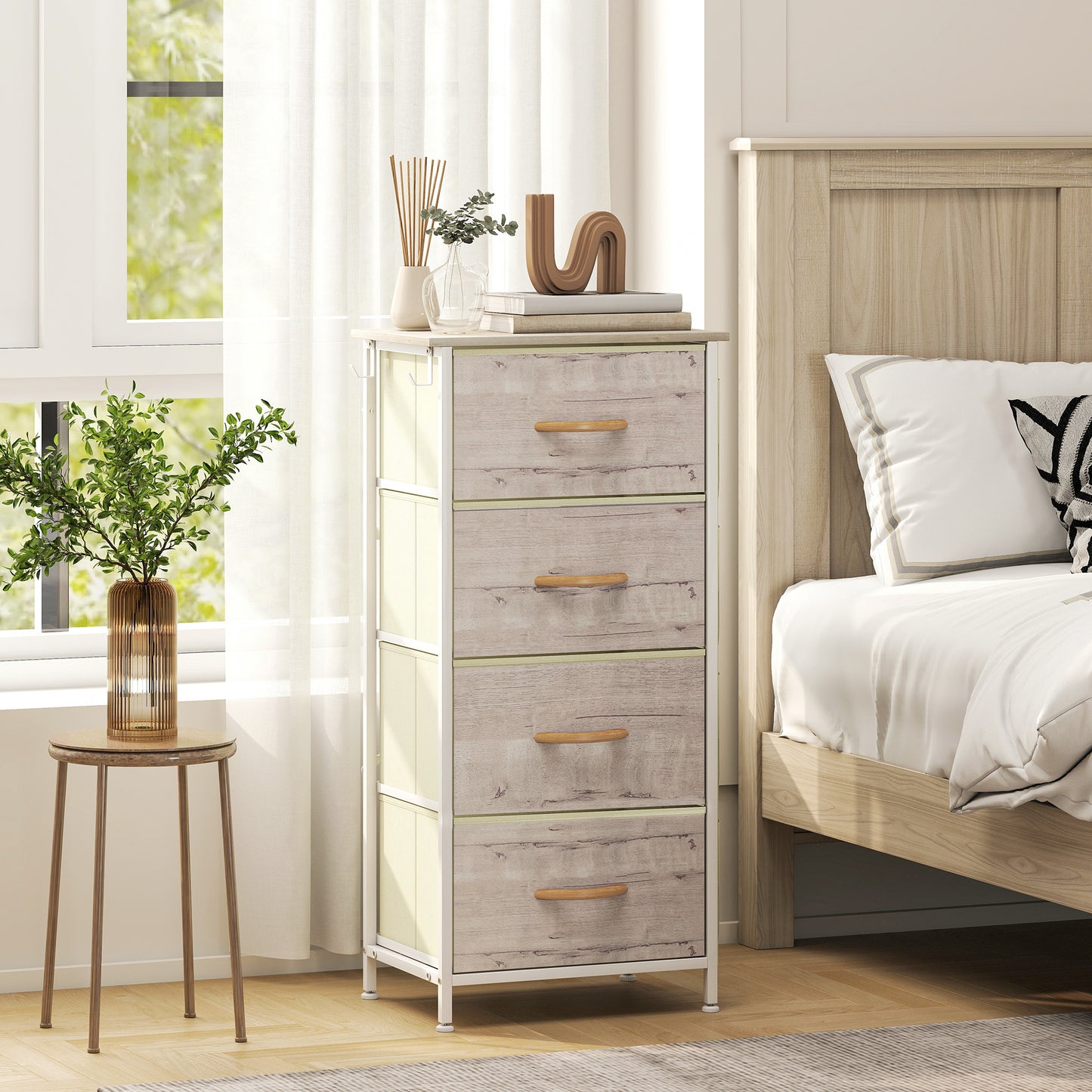 Chest of Four Fabric Drawers - Natural Wood Finish