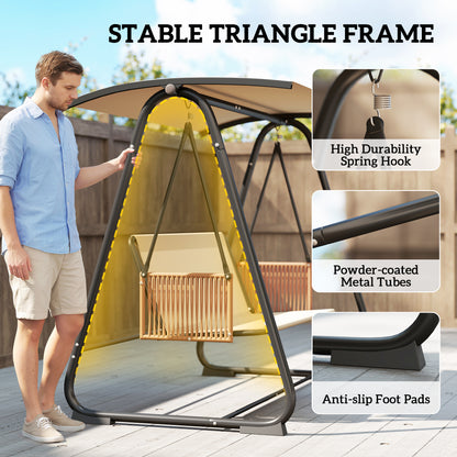3 Seater Swing Chair with Adjustable Canopy, 360 kg Garden Swing Seat Outdoor Hammock Bench with Cushions, Sand Brown