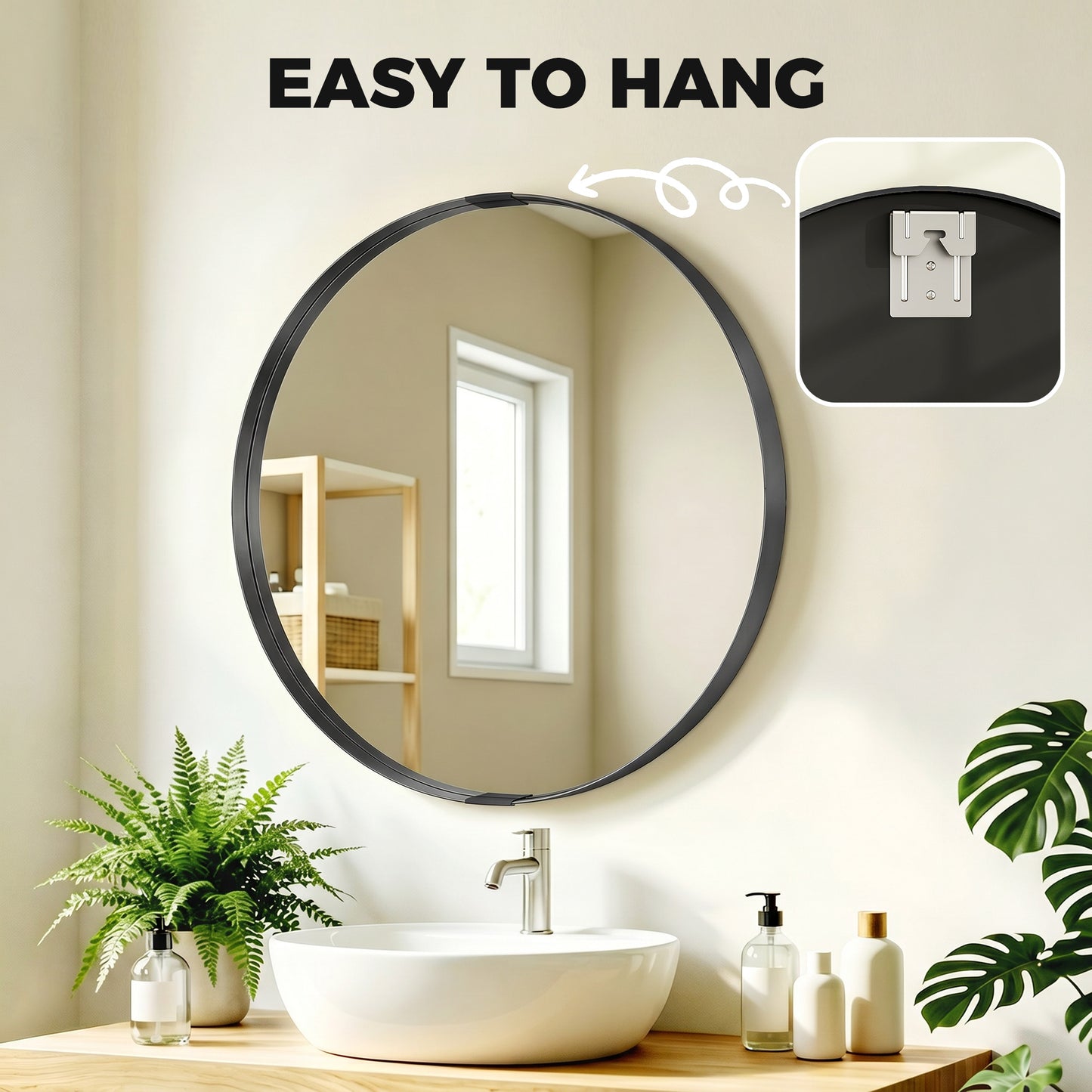 Round Wall Mirror 61 cm, Wall Mounted Bathroom Mirror with Tempered Safety Glass and Aluminium Alloy Frame, Black