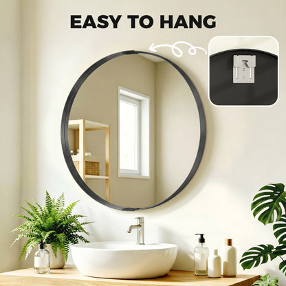 Round Wall Mirror 61 cm, Wall Mounted Bathroom Mirror with Tempered Safety Glass and Aluminium Alloy Frame, Black