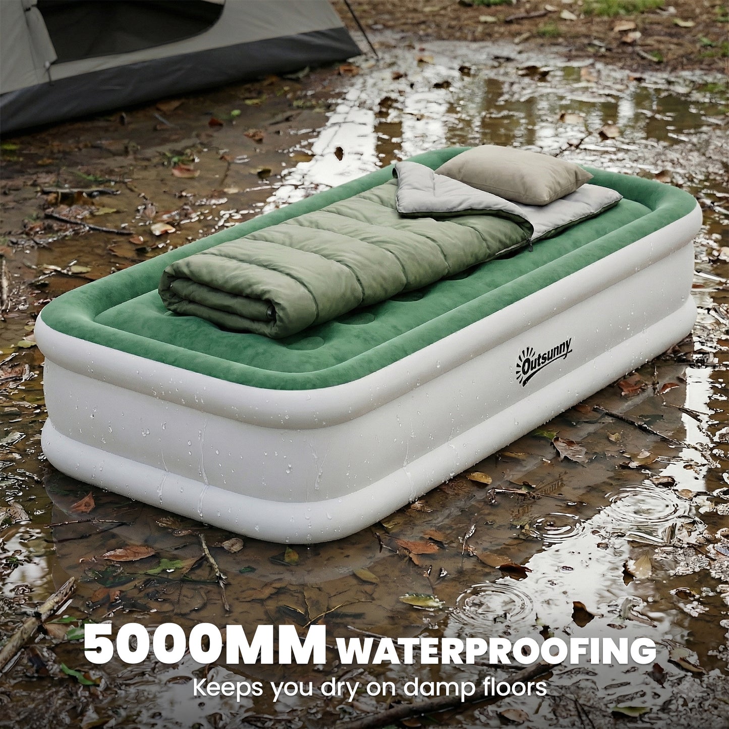 Inflatable Mattress, Single Air Bed with Built-in Electric Pump, 3 Mins Inflation, Flocked Surface, Dark Green