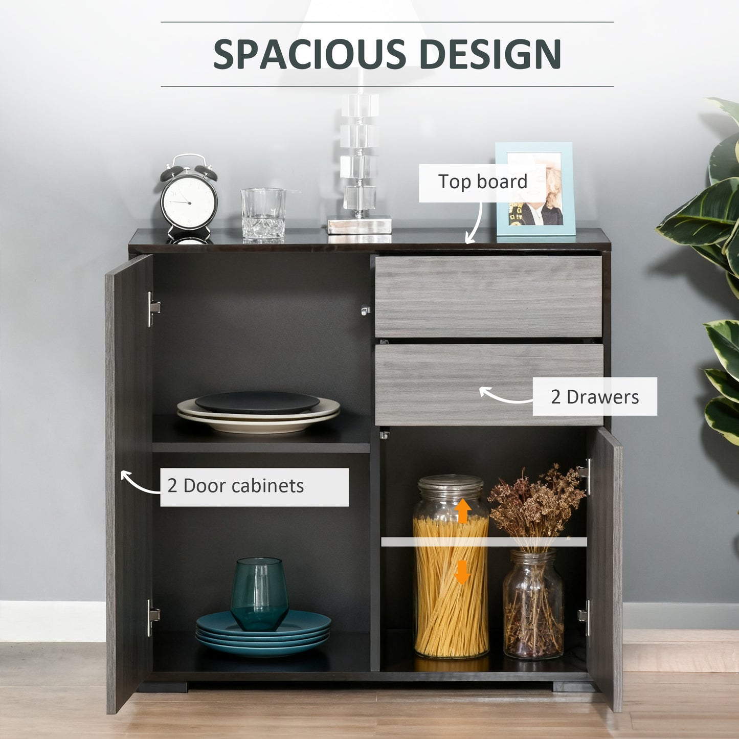 High Gloss Frame Sideboard, Push-Open Design with 2 Drawer for Living Room, Bedroom, 74H x 79W x 36Dcm, Light Grey and Black