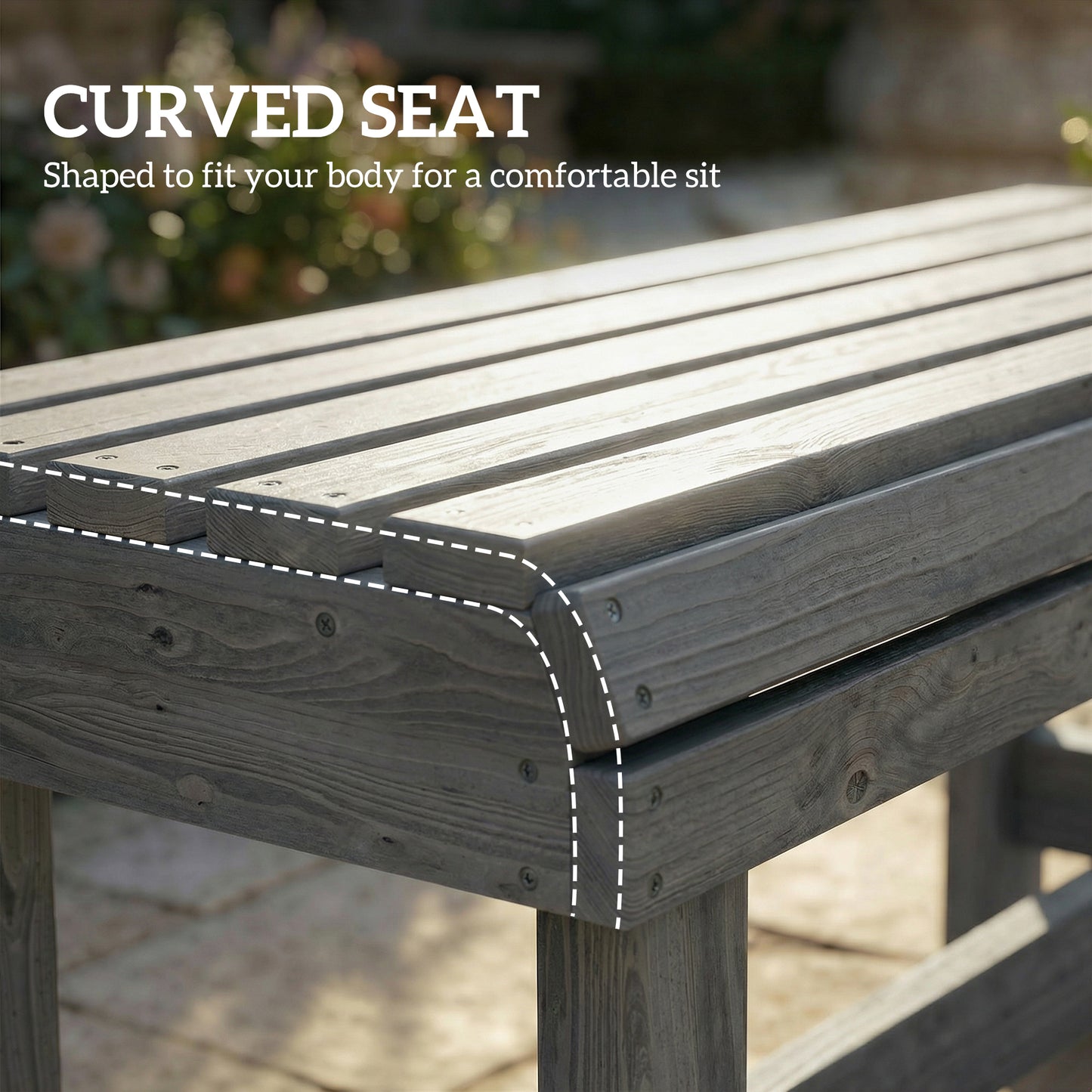 Wooden Outdoor Bench, 2 Seater Garden Bench, Backless Patio Bench with Slatted Curved Seat, Grey Embossed Finish