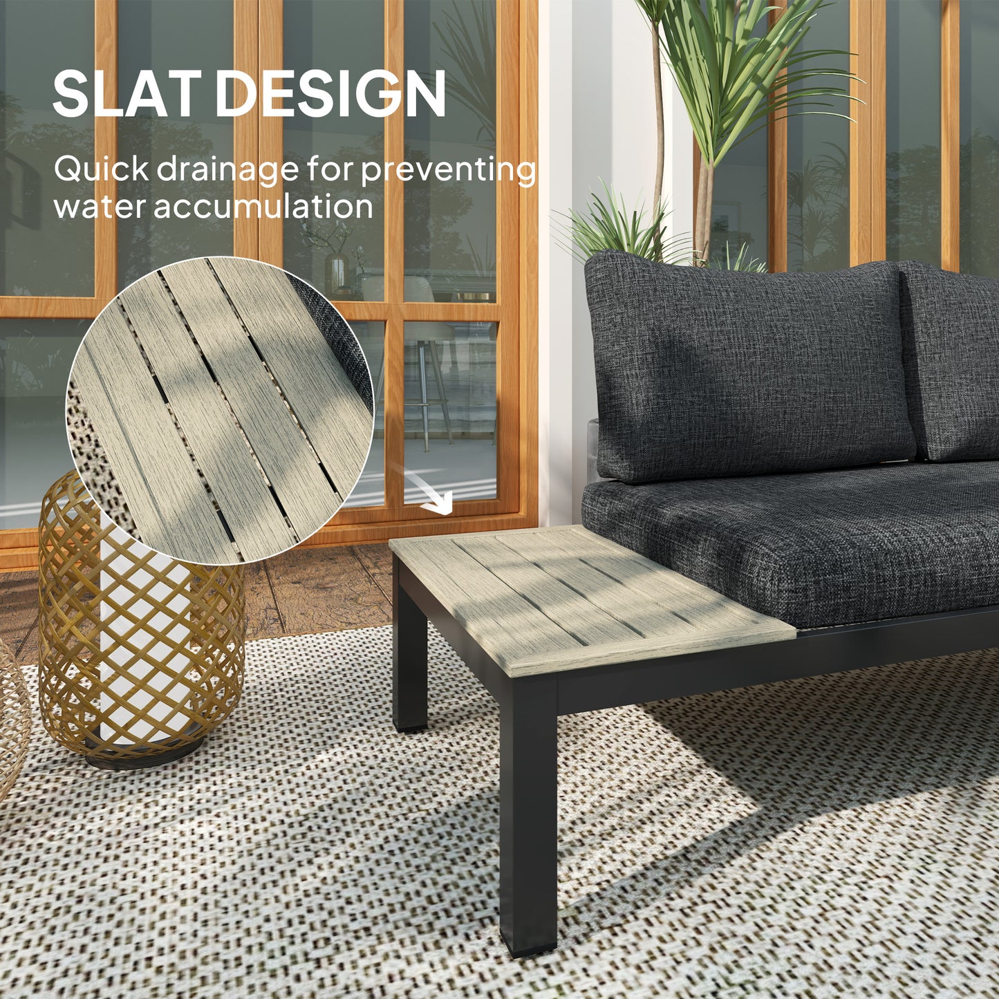 3 Pieces Garden Furniture Set, Aluminium 4 Seater Corner Sofa Set with 2 Loveseats, Coffee Table and Side Trays
