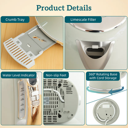 Polished Retro 40-100°C Kettle and Toaster Set - Grey