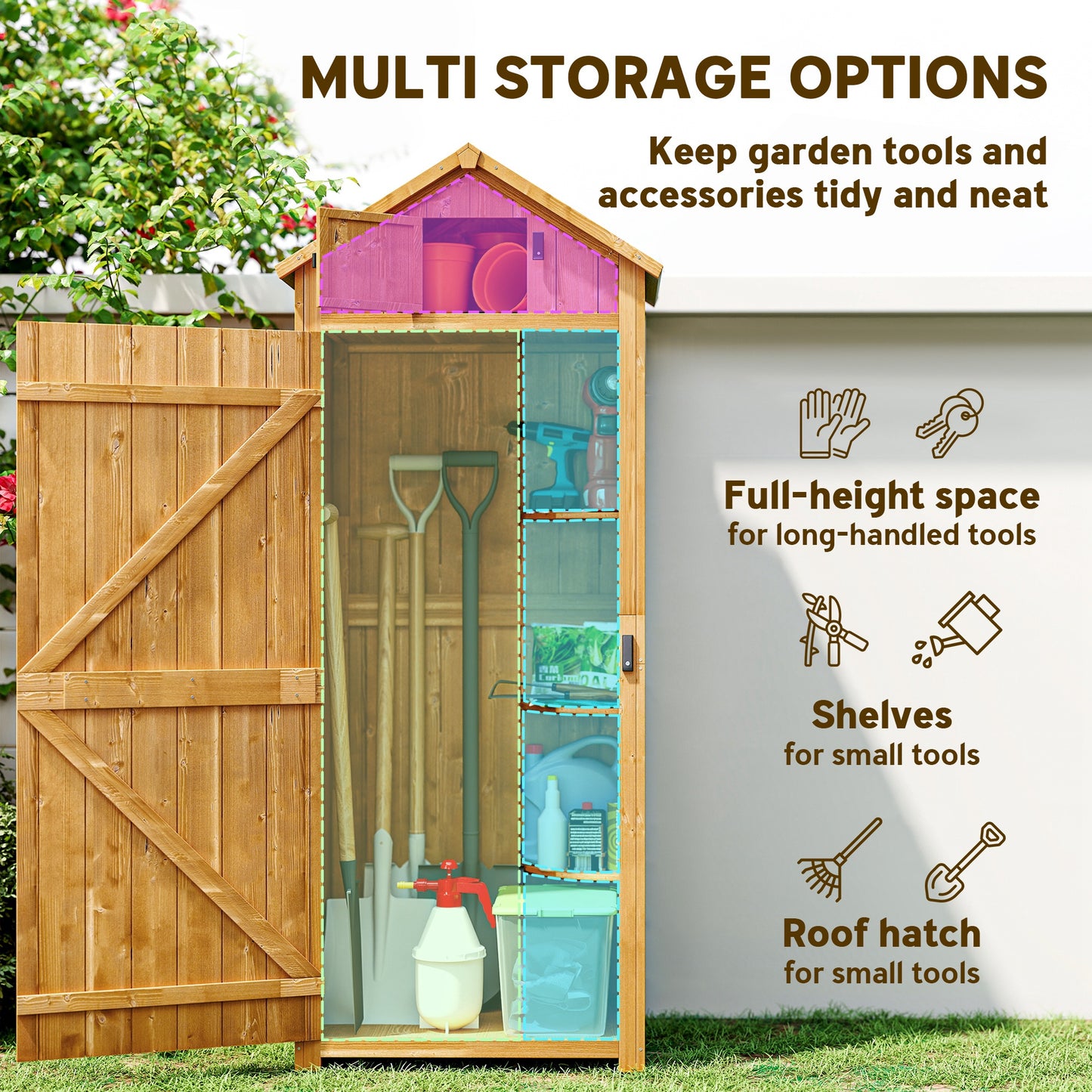 Garden Shed Wood Outdoor Garden Tool Storage Unit with 3 Detachable Shelves, 77 x 54.2 x 179cm, Brown