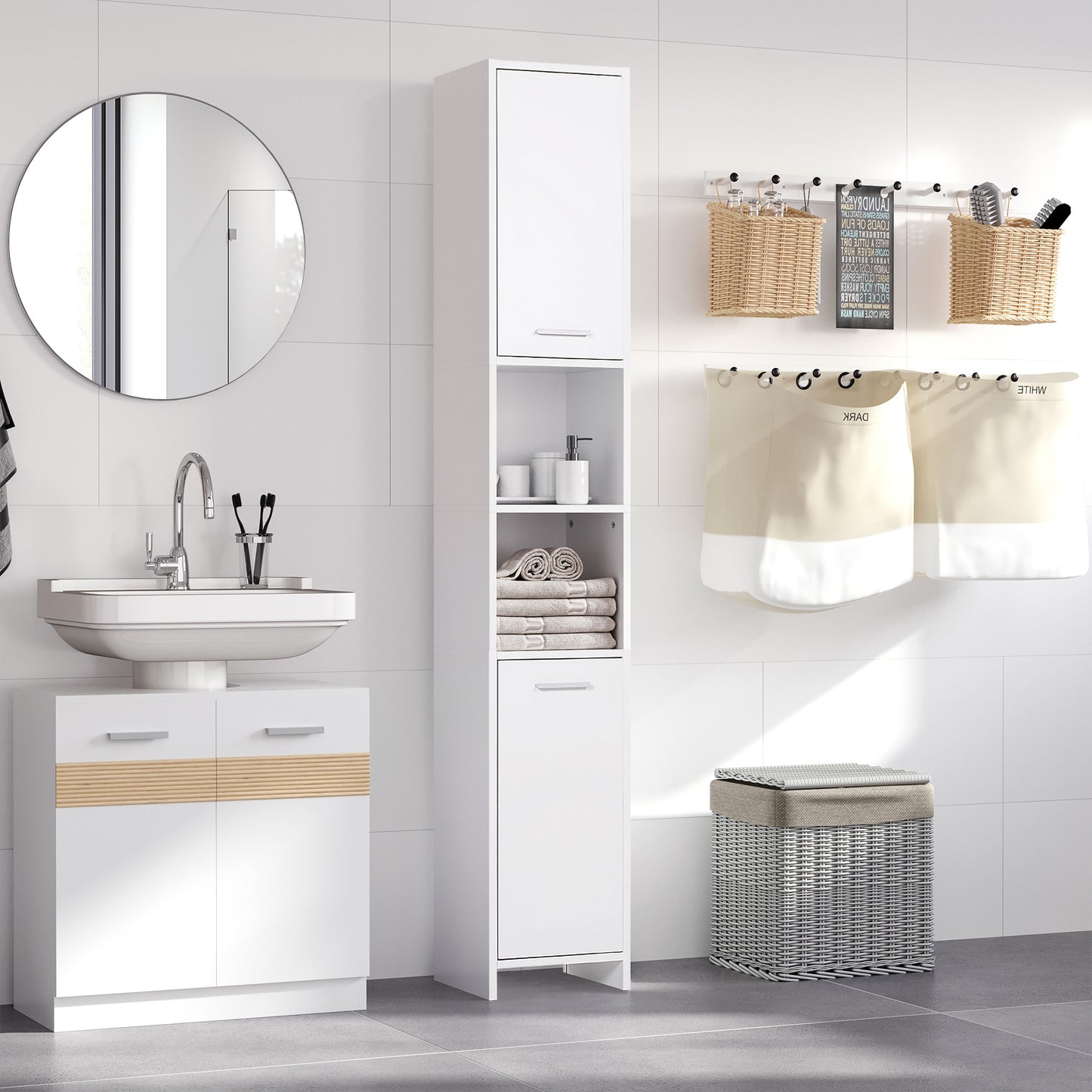 Tall Bathroom Storage Cabinet with Three-position Adjustable Shelves For Neutral Style, Hallway White