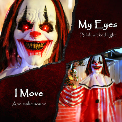 165 cm Life Size Halloween Animated Clown with Red Light Up Eyes, Sound Activated Moving Body