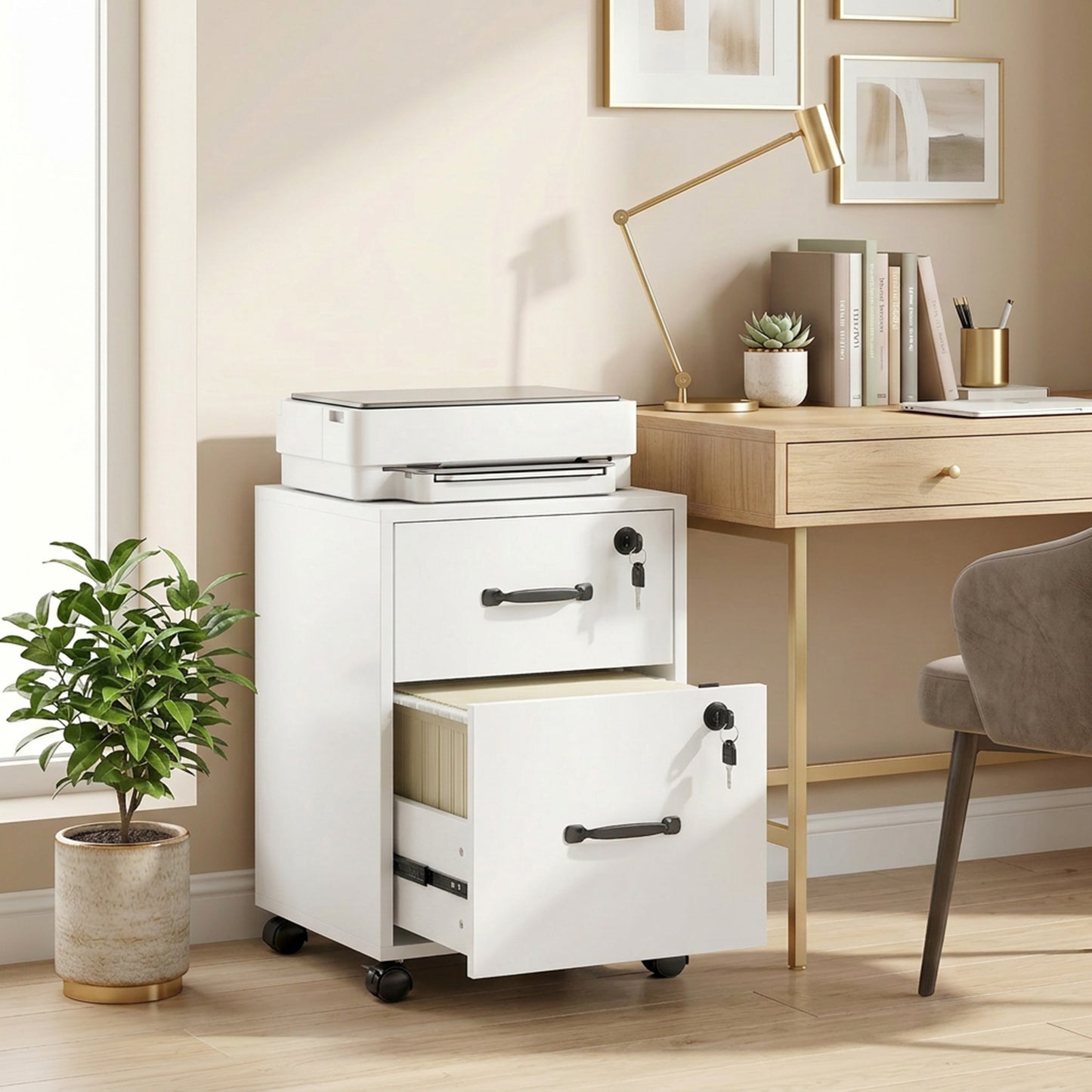Rolling File Cabinet with 2 Drawers, Mobile Filing Cabinet with Hanging File Folder for Letter Sized Documents, White