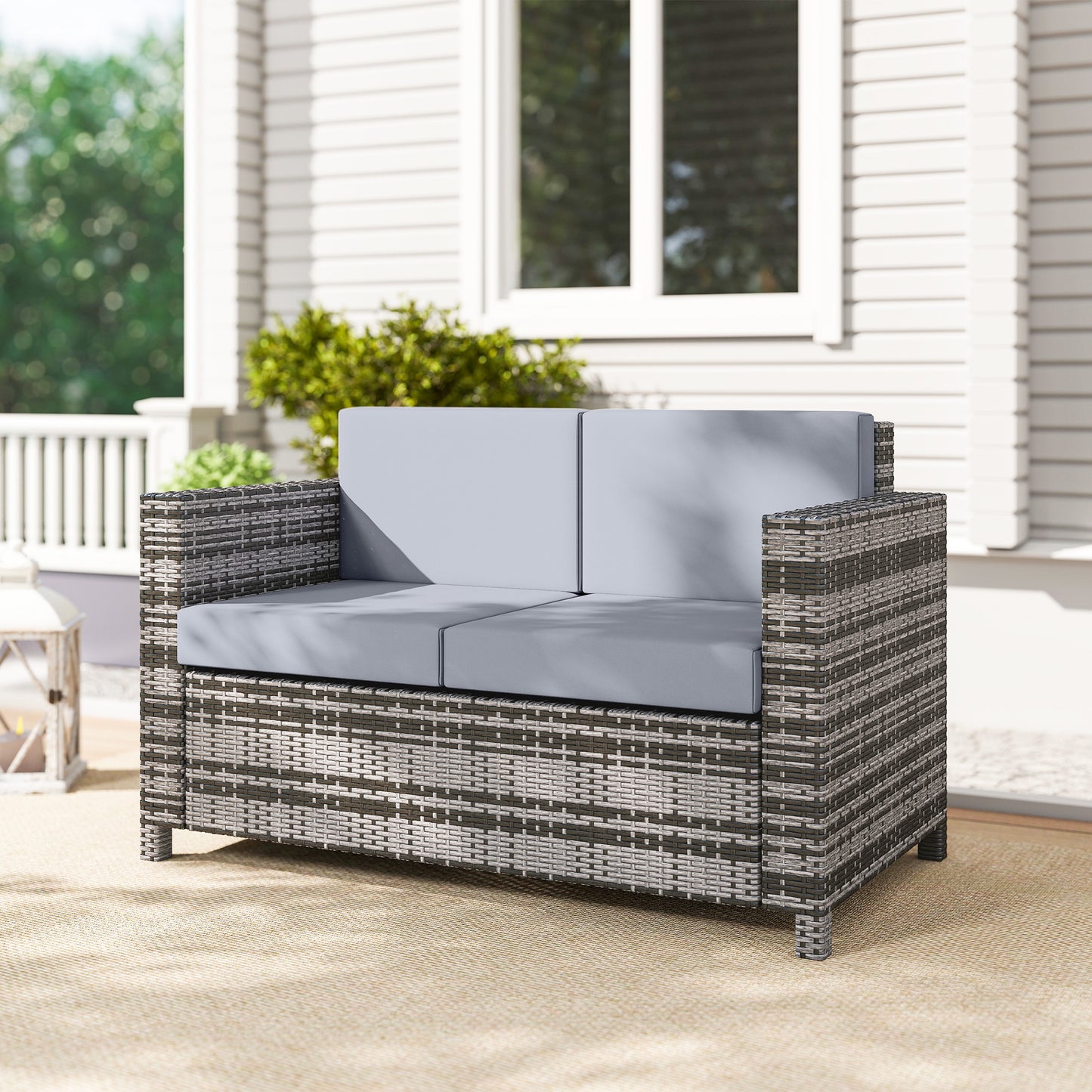 Rattan Sofa, 2 Seater Garden Furniture with Soft Padded Cushion and Armrests, Wicker Garden Loveseat for Patio, Mixed Grey