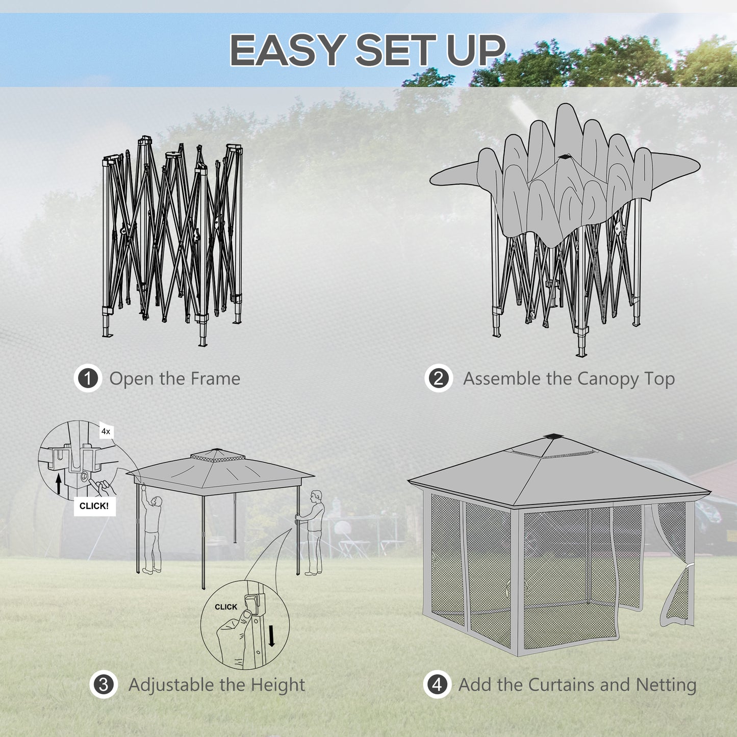 3.36 x 3.36m Pop Up Gazebo Party Tent with Solar-Powered LED Lights, Adjustable Event Shelter with Netting, Grey