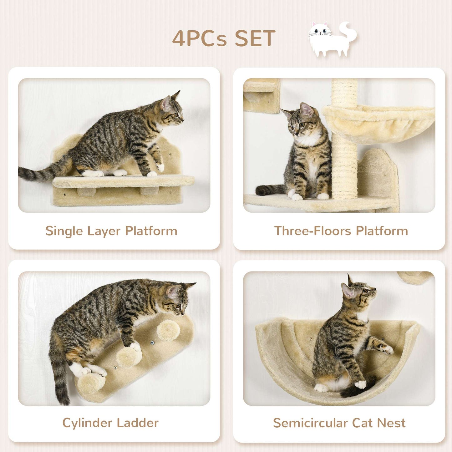 4PCs Wall-Mounted Cat Shelves w/ Scratching Post, Hammock, Nest - Beige