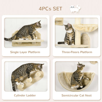 4PCs Wall-Mounted Cat Shelves w/ Scratching Post, Hammock, Nest - Beige
