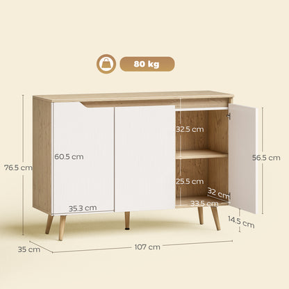 Sideboard Storage Cabinet, Kitchen Cupboard with 3 Doors, 2 Adjustable Shelves and 5 Rubberwood Legs, White and Oak