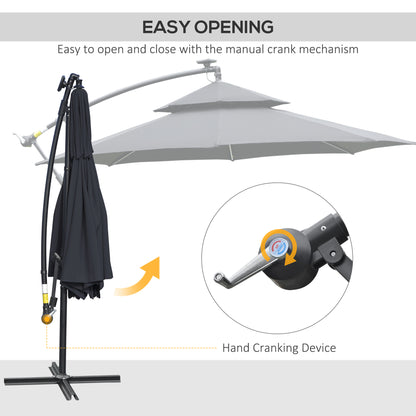 3(m) Cantilever Banana Parasol Hanging Umbrella with LED Solar lights, Crank, 8 Sturdy Ribs and Cross Base for Outdoor