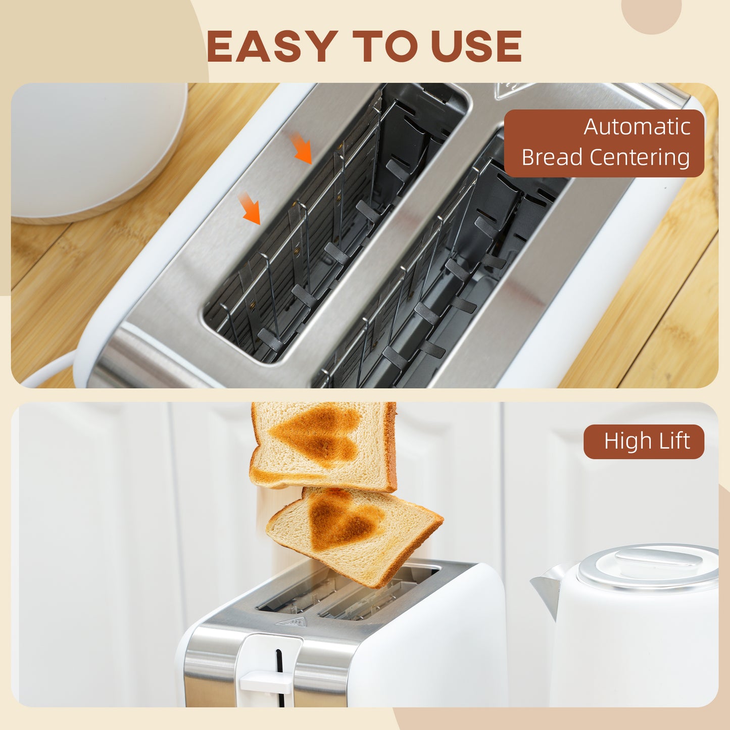 Stainless Steel Kettle and Toaster Set, 1.7L 3000W Fast Boil Kettle & 2 Slice Toaster Kitchen Set
