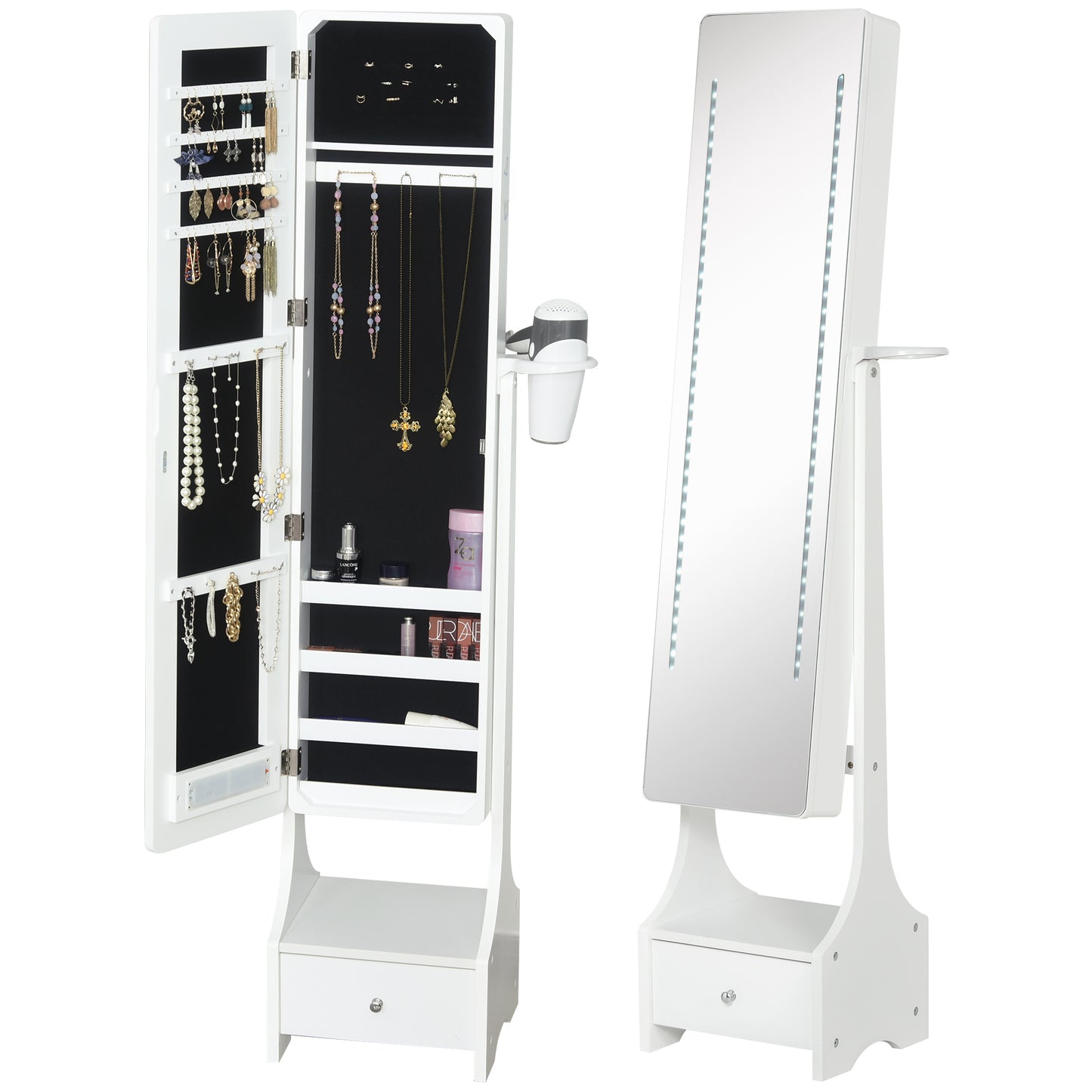 Jewellery Cabinet, Full Length Mirror with Storage, Free Standing Mirror with LED Lights, Hooks