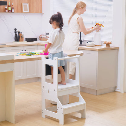 Toddler Learning Tower, 2 in 1 Toddler Step Stool for Kids with Chalkboard and Security Rail