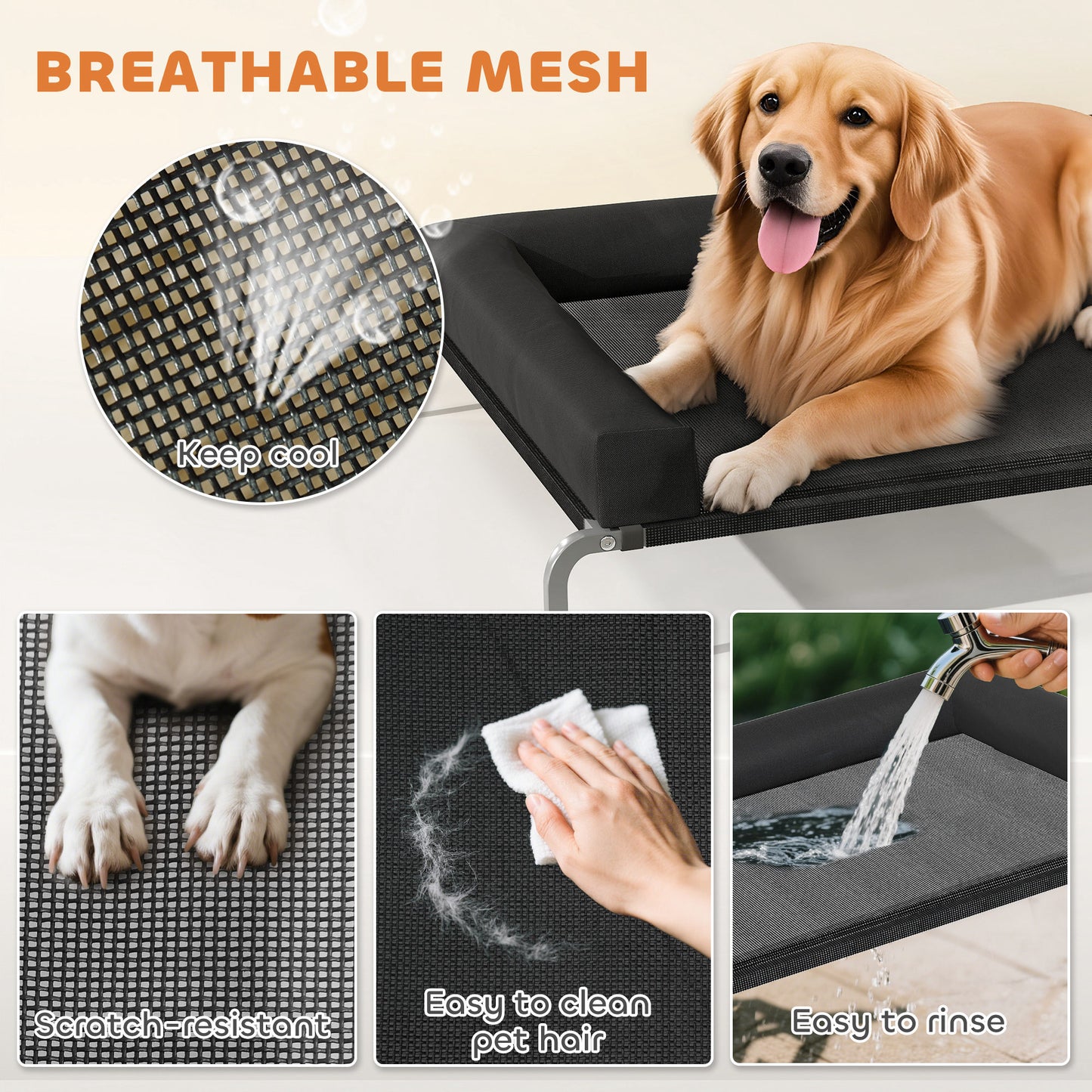 Elevated Dog Bed with Removable Bolsters, Raised Dog Bed for Large Breeds, Portable Indoor & Outdoor Pet Cots, Black