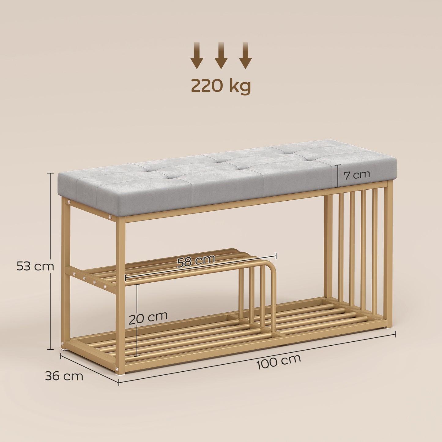 Bench and Shoe Storage, Tufted Shoe Storage Bench with Velvet Seat Cushion Gold Steel Frame for Entryway, Grey