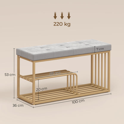 Bench and Shoe Storage, Tufted Shoe Storage Bench with Velvet Seat Cushion Gold Steel Frame for Entryway, Grey