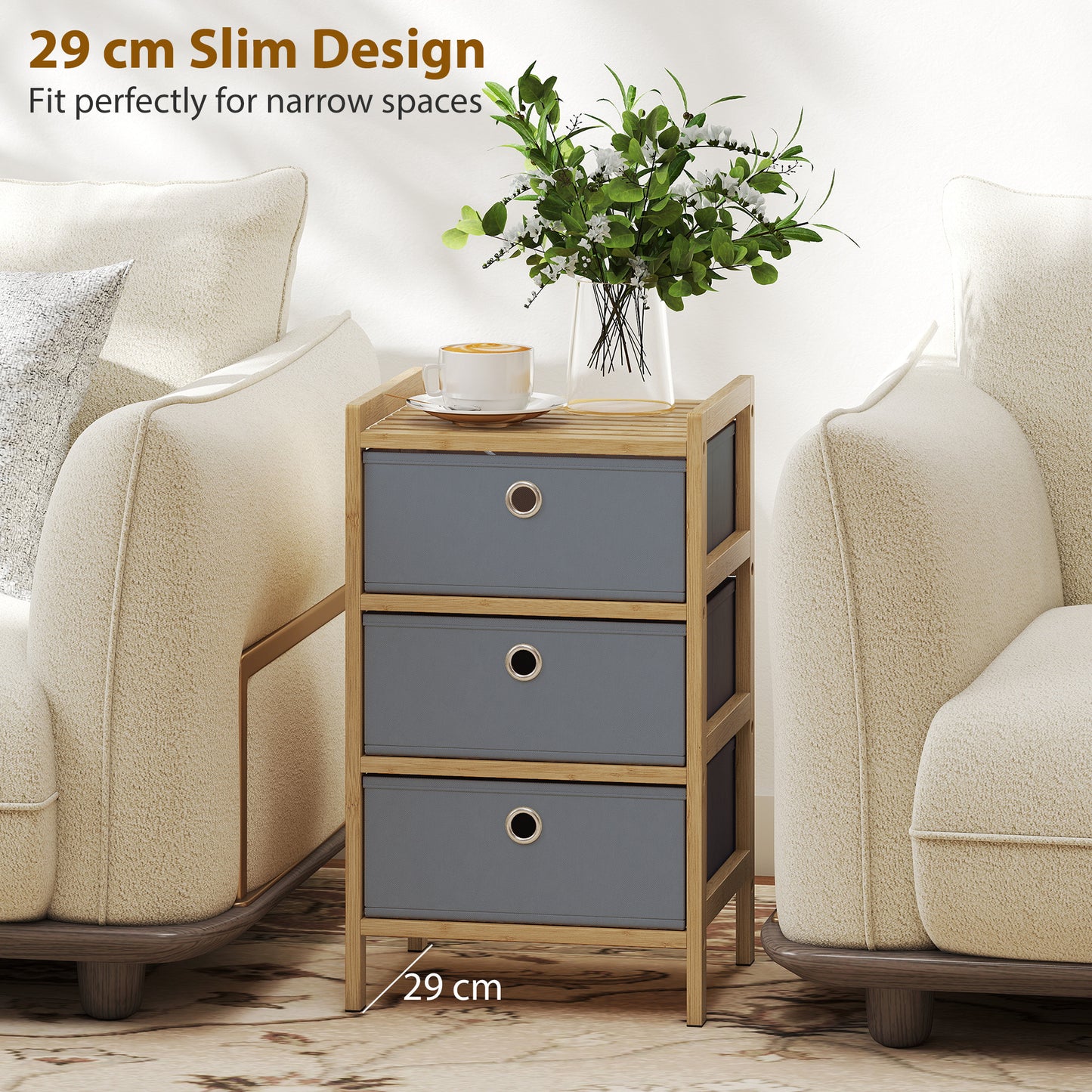 Chest of Drawers, 3 Fabric Drawers Narrow Dresser with Bamboo Frame, Light Grey