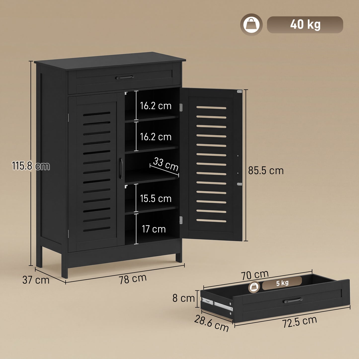 Shoe Cabinet with Louvered Doors, Modern Shoe Storage Cabinet with Drawer and Adjustable Shelves, Black