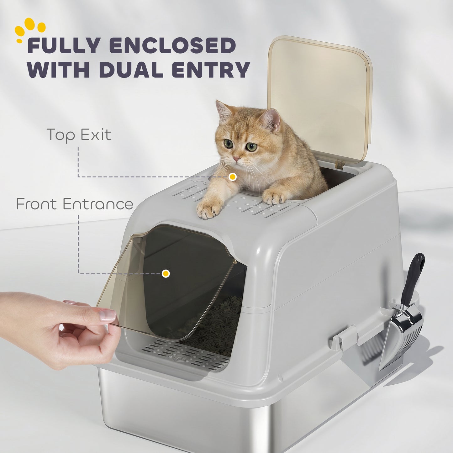 Extra Large Stainless Steel Litter Box, Enclosed Cat Litter Tray with Scoop, Deodorizer Bag, Front-Entry and Top-Exit