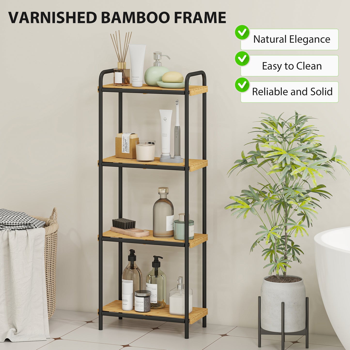 4-Tier Bamboo Bathroom Storage Shelf, Freestanding Narrow Shelving Unit