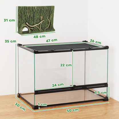 Reptile Glass Terrarium with Stone Background, Front Ventilation, Escape-Proof Knob Lock, 50 x 30 x 35 cm, Black