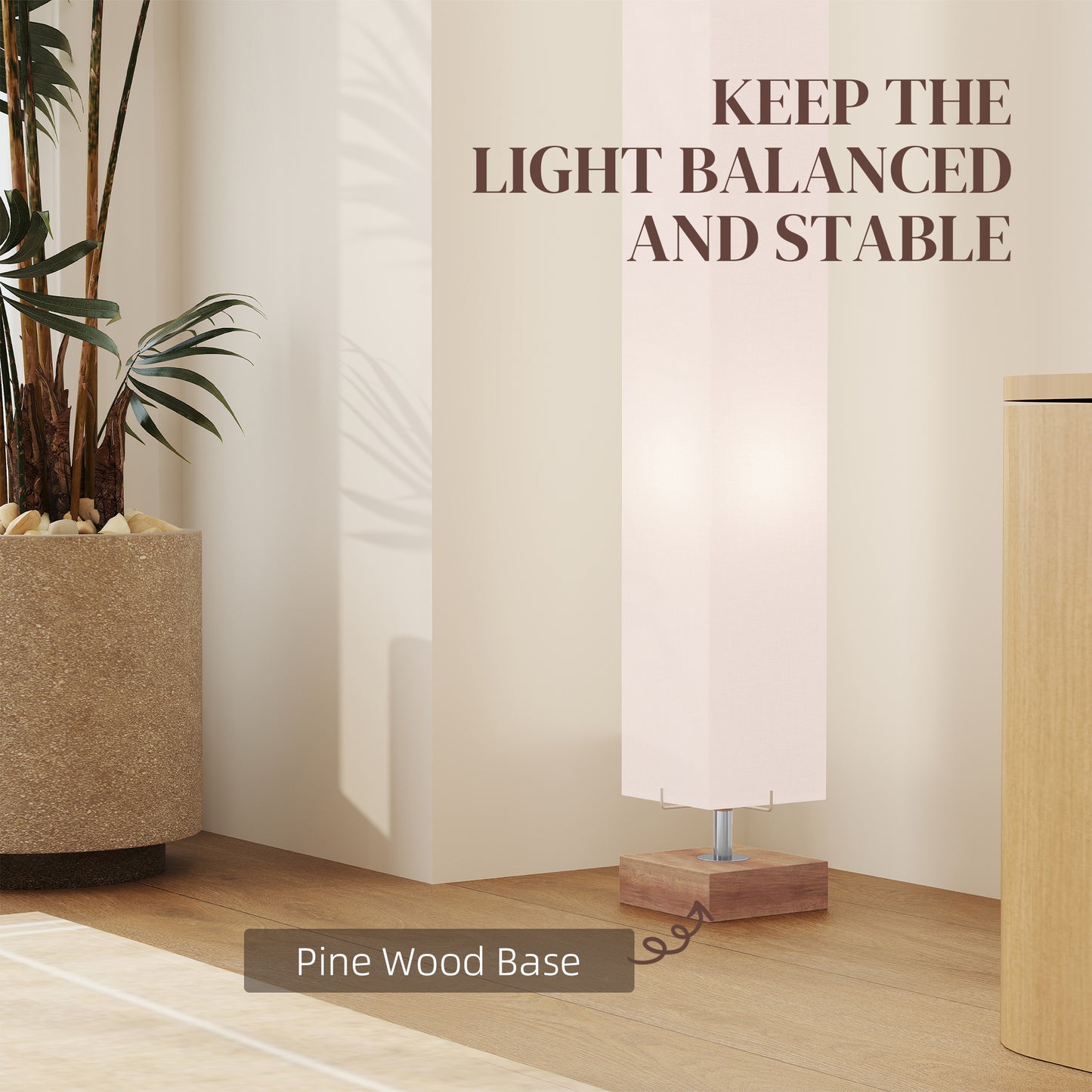 Floor Lamp, 120cm Standing Lamp with Linen Lampshade, Standard Light with Pine Wood Base for Living Room