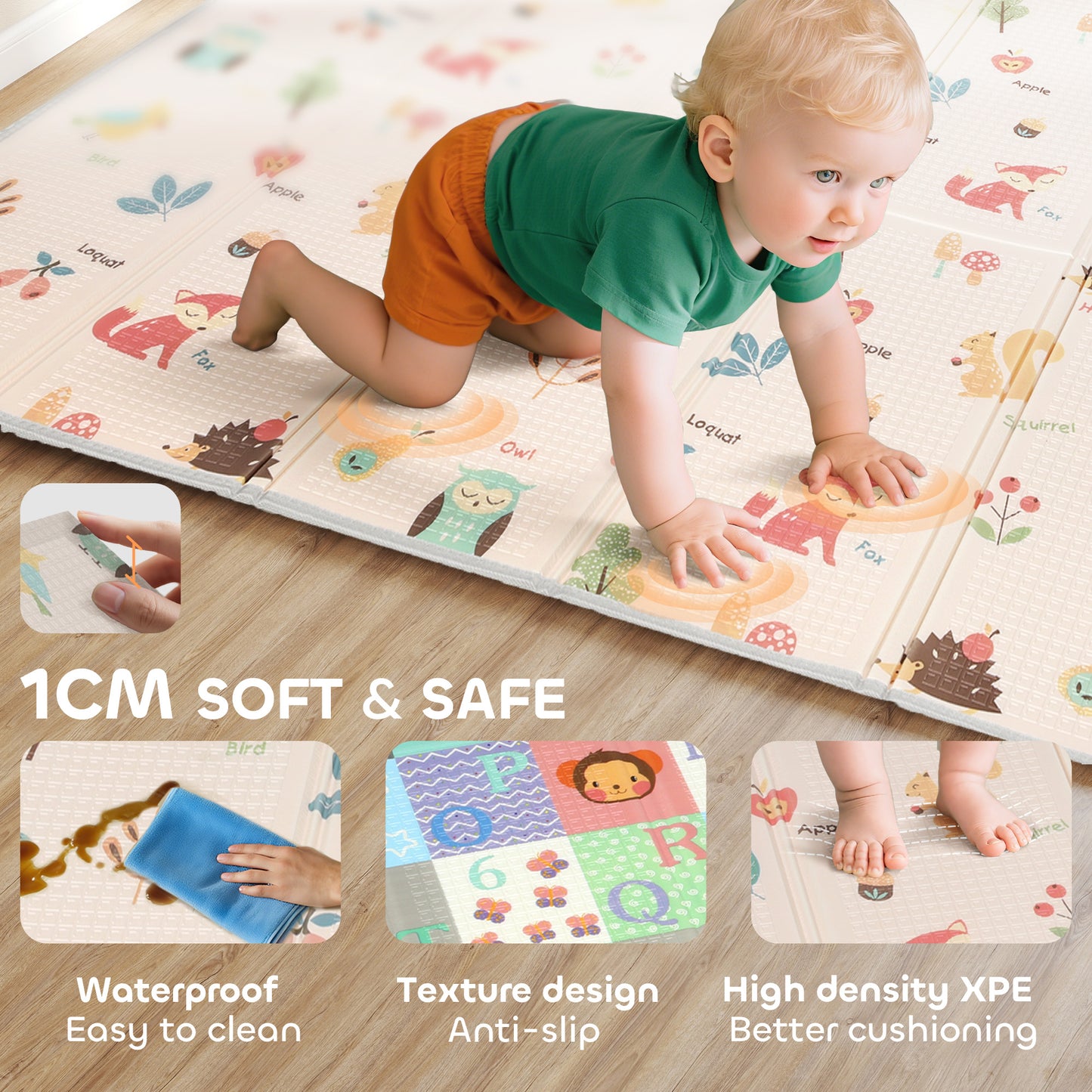 Foldable Baby Play Mat Double-Sided, Reversible Foam Soft Crawling Mat for Toddlers, for Bedroom, Nursery and Playroom