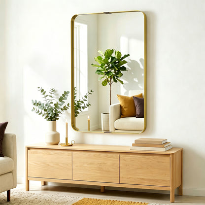 Rectangular Wall Mirror, 90 x 60 cm Wall Mounted Bathroom Mirror w/ Aluminium Alloy Frame and Tempered Glass, Gold Tone