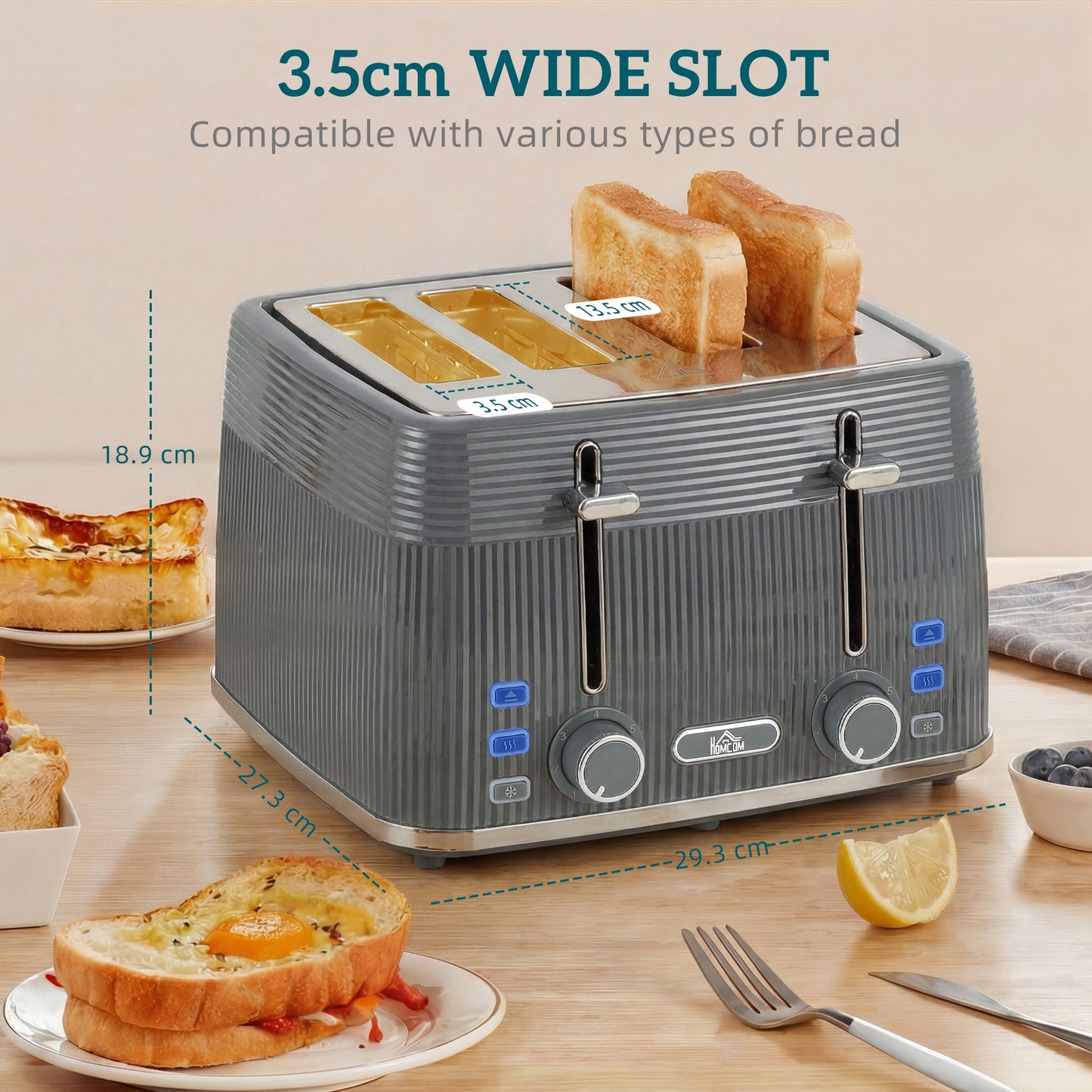 4 Slice Toaster with 7 Browning Levels, Bread Toaster with Removable Crumb Tray, Grey