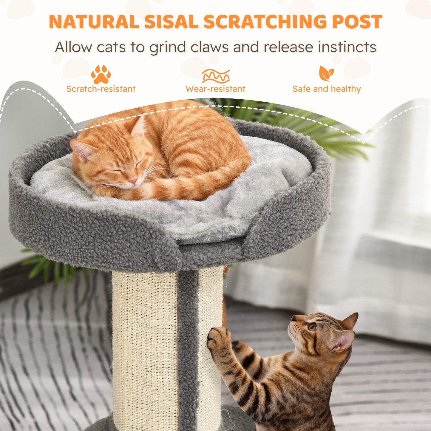 91cm Cat Tree, Cat Tower with Scratching Post, Bed, Perch, Removable Cushion for Indoor Kittens, Grey