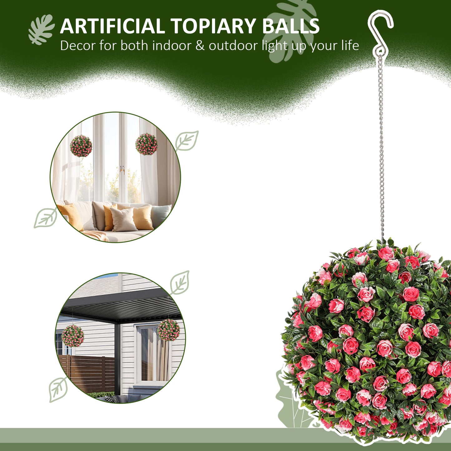 Set of 2 Decorative Artificial Plants, UV-protected Artificial Plant Topiary Rose Balls